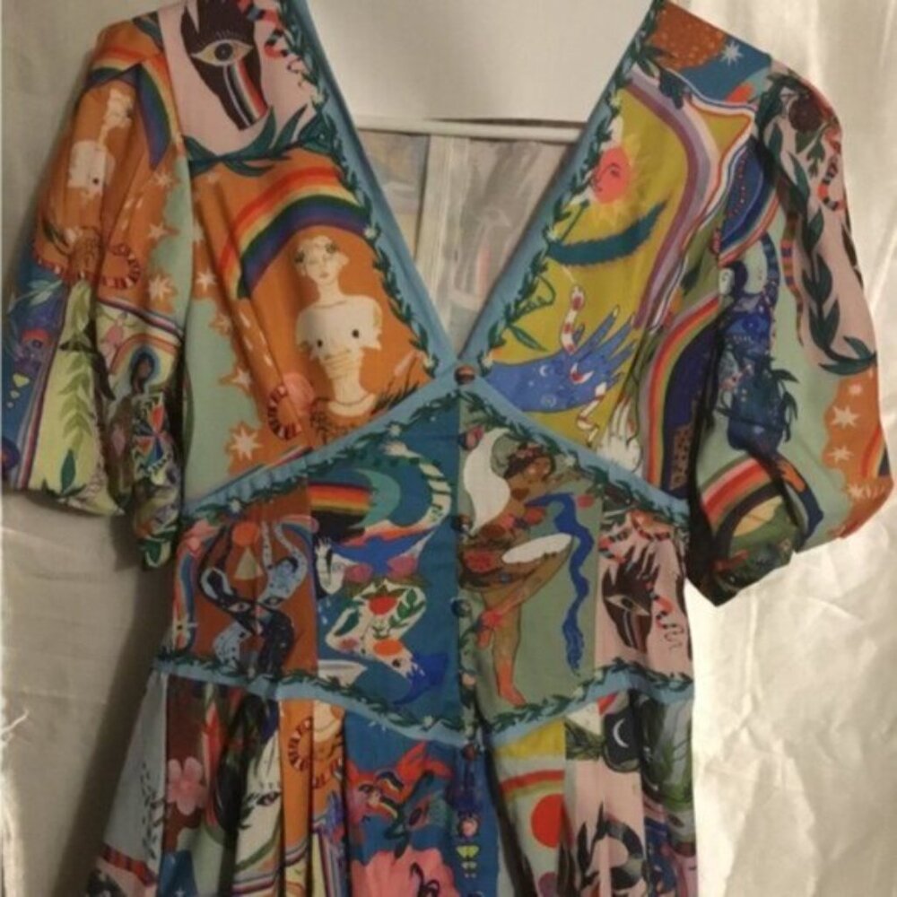 Green Art Puff Sleeve Corset Linen Abstract Floral A- Line Midi Dress XL - Picture 11 of 16